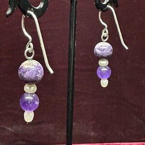 Handmade Purple Dangle Style Amethyst & Pearl Earrings Artisan